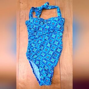 NWOT SPANX Blue One Piece Swimsuit with Textured Floral Design Small